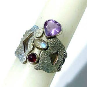 Handcrafted Artisan Moonstone Garnet Amethyst Gemstone Sterling Ring sz 8.75
